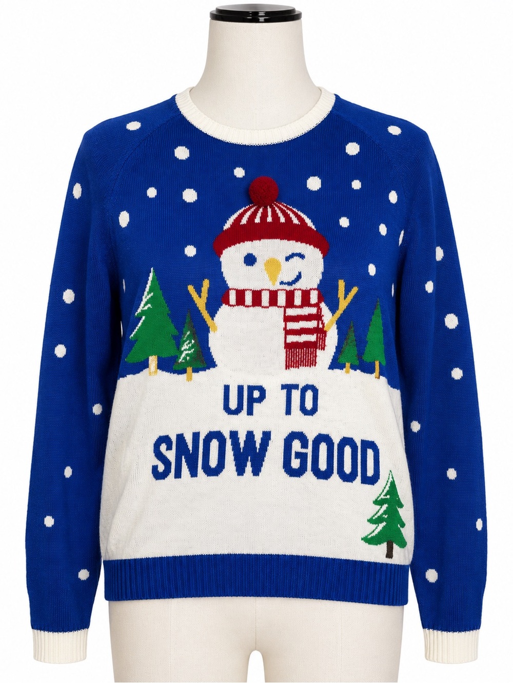 Up to Snow Good Ugly Christmas Sweater XL Blue Snowman Pom Pom Holiday Knit